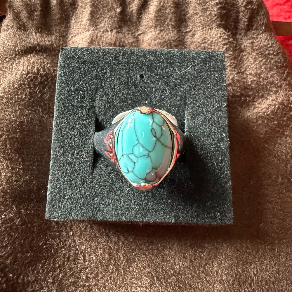 Turquoise Stone Silver Ring - Size 9